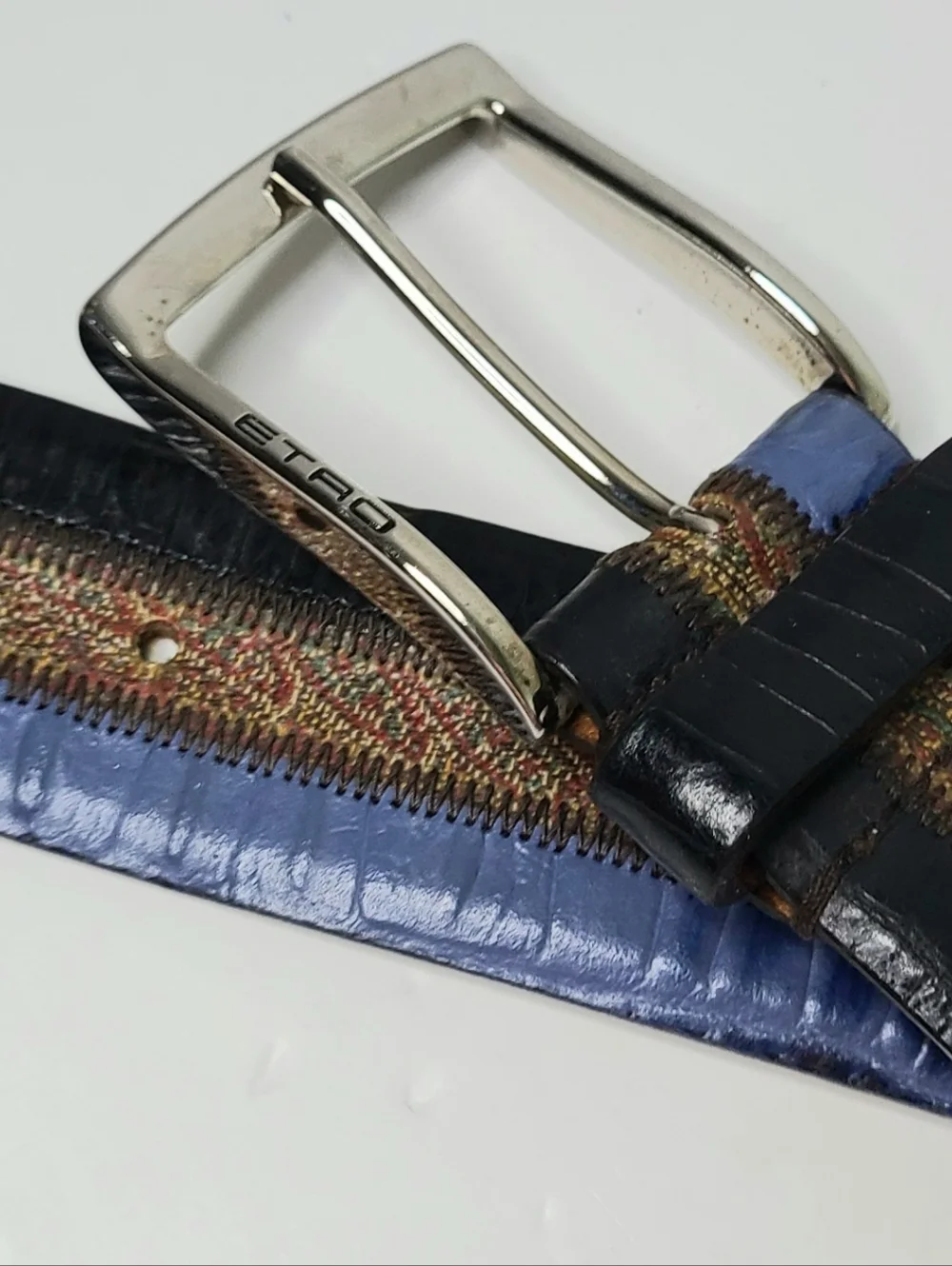 Etro Milano Made In Italy Paisley Striped Color Block Genuine Leather Belt